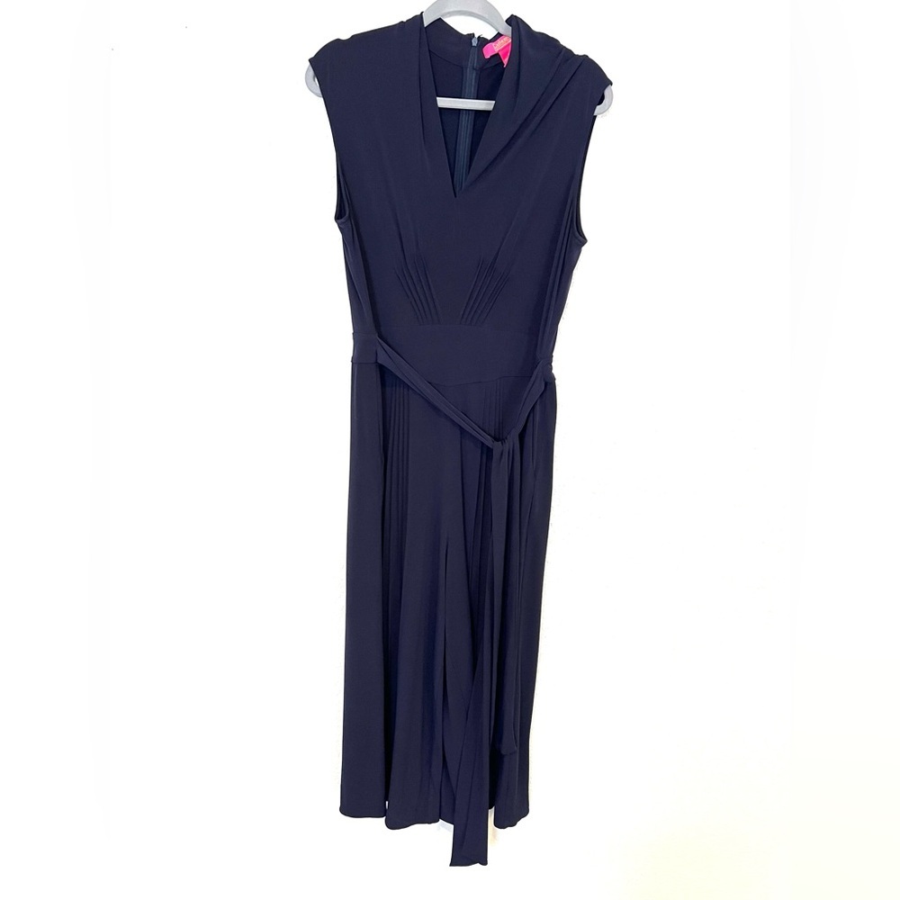 Catherine Maladrino Navy V Neck Tie Waist Cropped Jumpsuit Dress Size Large